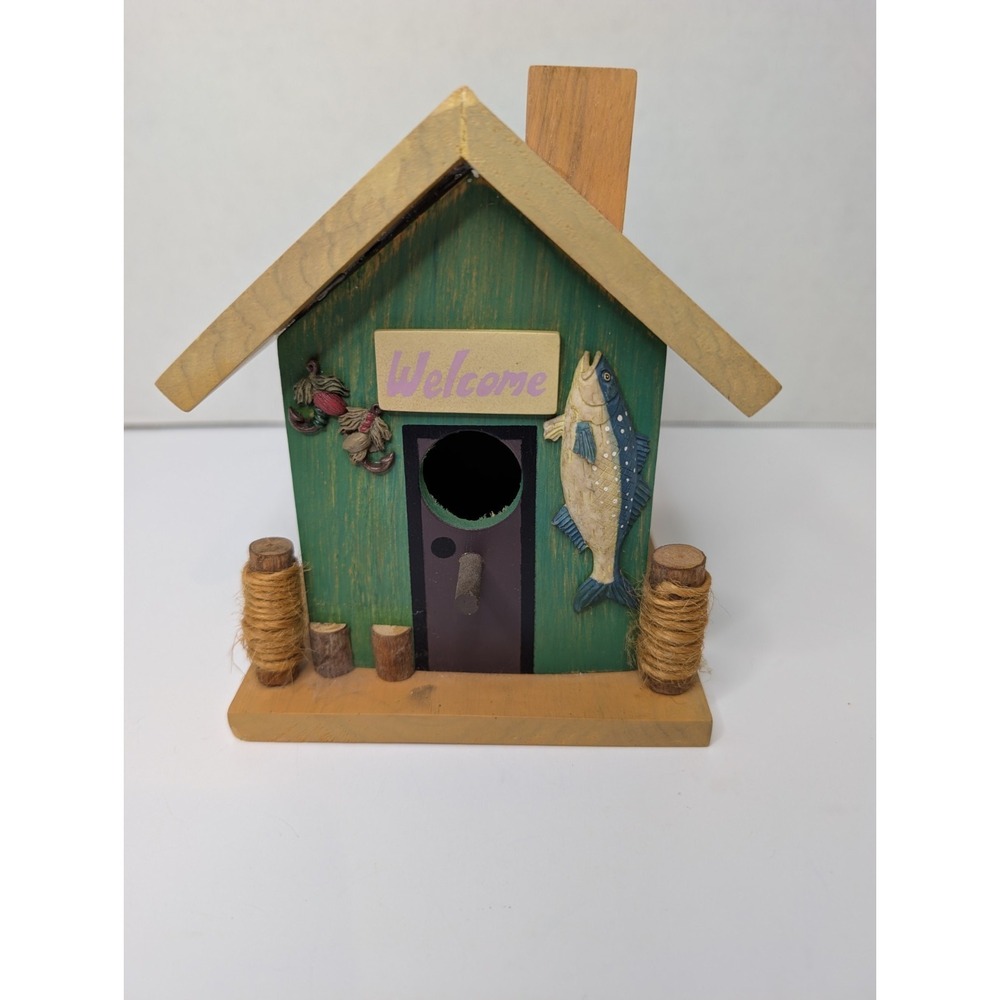 Rustic Fishing Cabin Birdhouse Wooden Lake Lodge Decor Fish "Welcome" Cottage